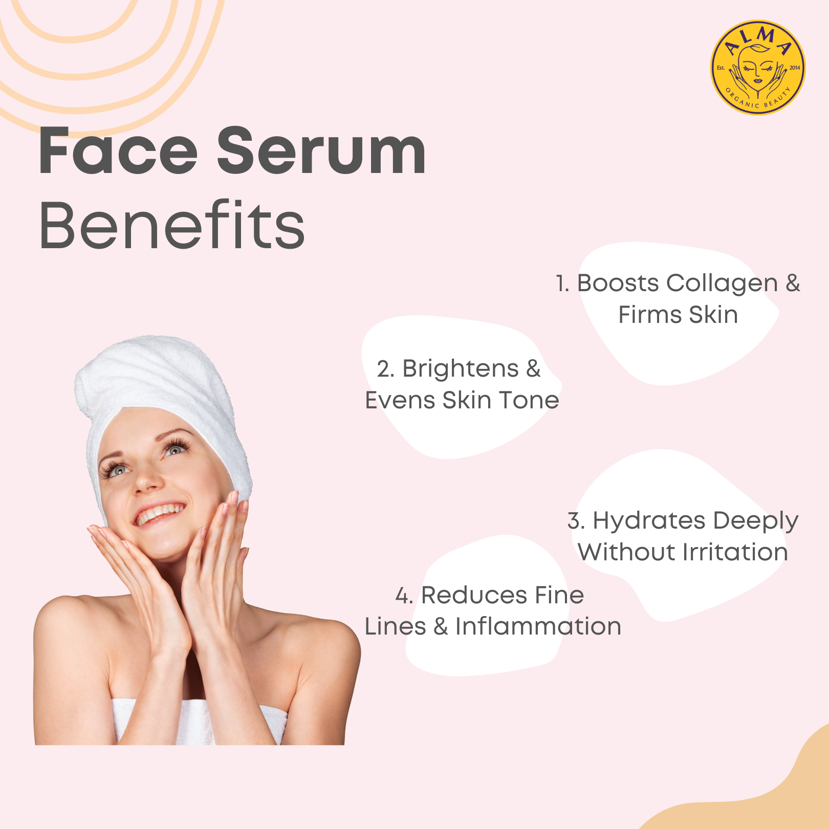 Infographic showing what does the serum do to your face with four key benefits: boosts collagen, brightens skin, hydrates without irritation, and reduces fine lines